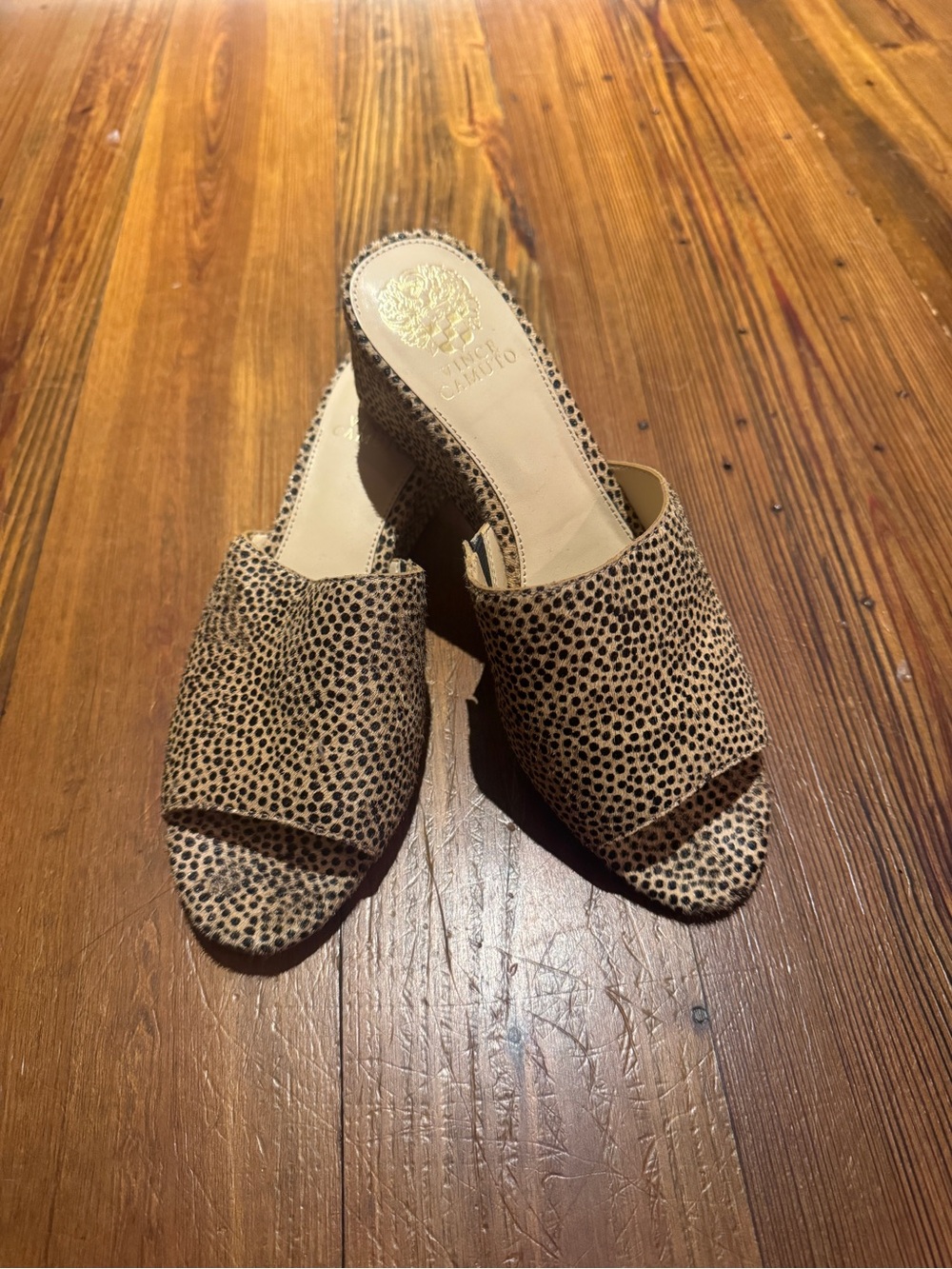 Vince Camuto Tan and Black Spotted Slide Mules